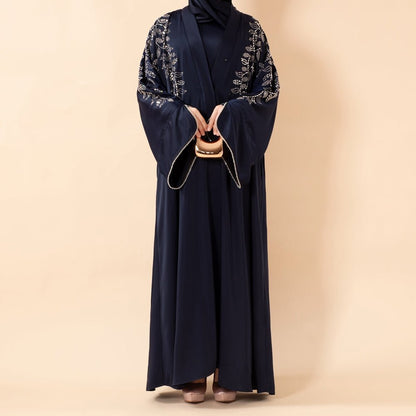 Leaf Embellishment Satin 3-Piece Abaya Set for Eid (MOA244)