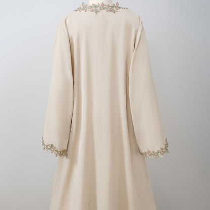 Leaf Lace Trim Abaya | Elegant Embroidered Open-Front Maxi Dress(MOA255)