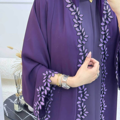 Leaf Lace Trim Abaya | Elegant Embroidered Open-Front Maxi Dress(MOA255)