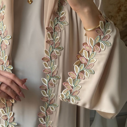 Leaf Lace Trim Abaya | Elegant Embroidered Open-Front Maxi Dress(MOA255)