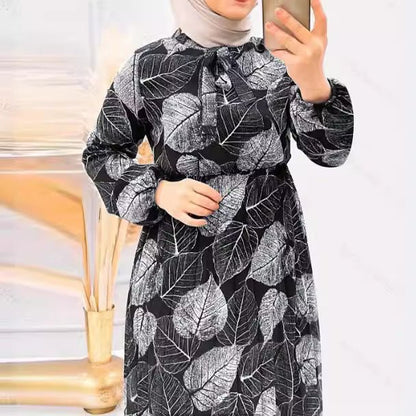 Leaf Print Chiffon Dress with Pleated Skirt (MA405)