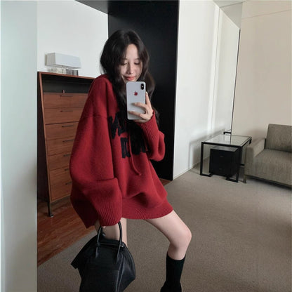 Letter Print Knit Pullover Hooded Sweater Top(MS170)