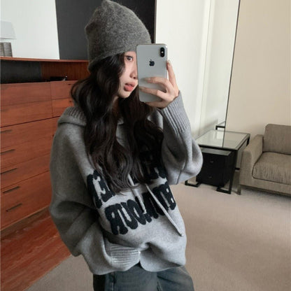 Letter Print Knit Pullover Hooded Sweater Top(MS170)