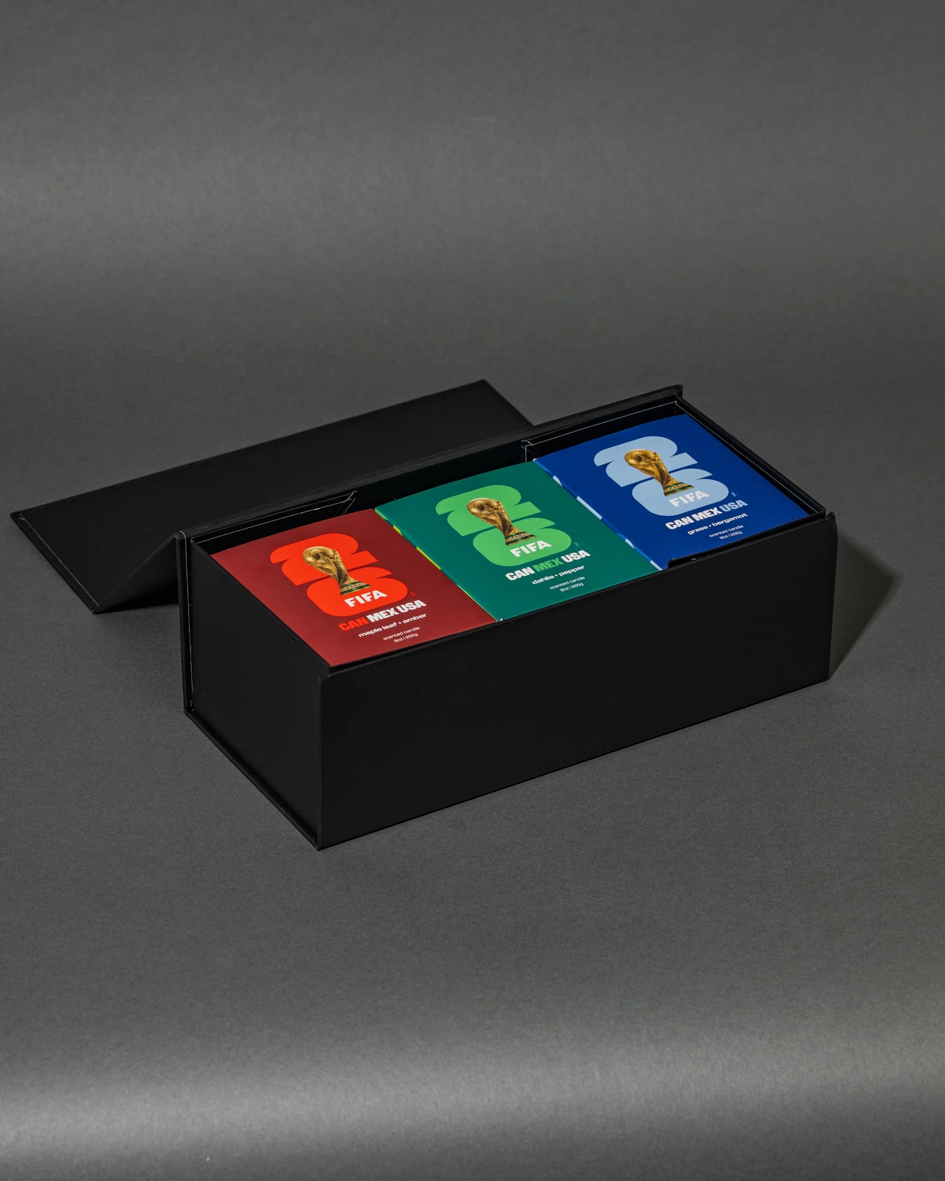 FIFA World Cup '26 collection candles by Literie Candles, featuring patriotic designs and vibrant colors for soccer fans.