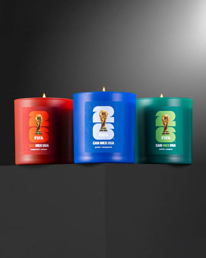 FIFA World Cup '26 Collection candles by Literie Candles featuring themed designs and vibrant colors for soccer fans.