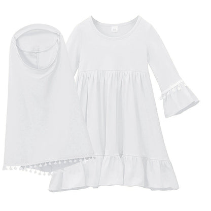 Little Muslimah Girls Dress & Hijab Set with Pom-Pom Trim (MKG028)