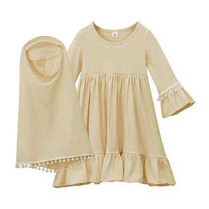 Little Muslimah Girls Dress & Hijab Set with Pom-Pom Trim (MKG028)