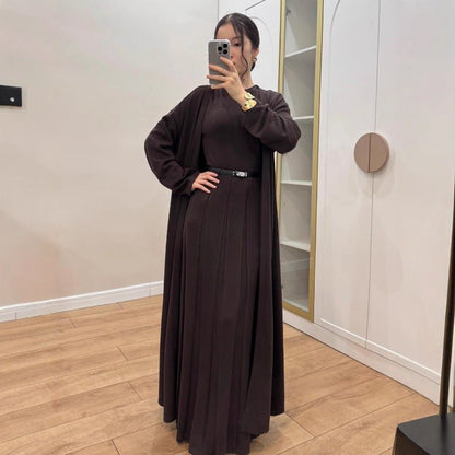 Long Open Cardigan & Pleated Dress Set(MS195)