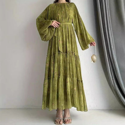 Long Sleeve Belted Chiffon Dress | Elegant Boho Peasant Gown(MA380)