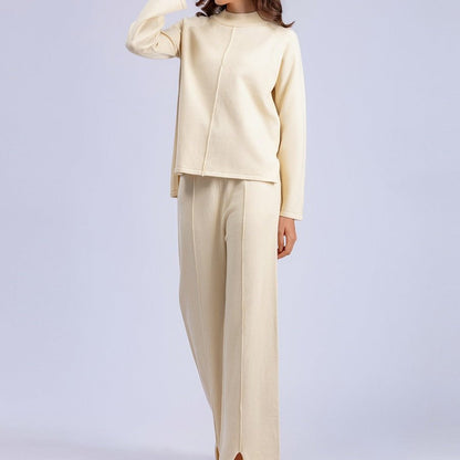 Loose Fit Solid Color Knit Two-Piece Set | Pullover Sweater & Wide Leg Pants with Side Slits(MS143)