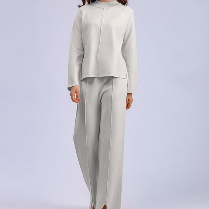 Loose Fit Solid Color Knit Two-Piece Set | Pullover Sweater & Wide Leg Pants with Side Slits(MS143)