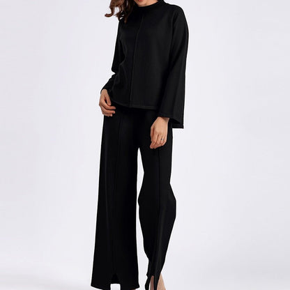 Loose Fit Solid Color Knit Two-Piece Set | Pullover Sweater & Wide Leg Pants with Side Slits(MS143)