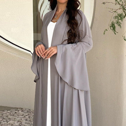 Lotus Leaf Sleeve Solid Soft Satin Open Front Abaya Dress | Lightweight Modest Abaya Cover(MOA220)