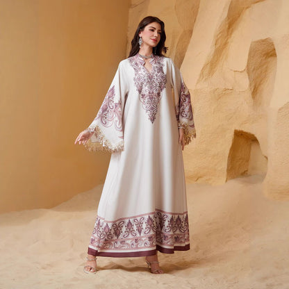 Luxe Embroidered Evening Abaya | Bell Sleeve Maxi Dress with Fringe Detail(MA338)