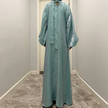 Luxurious Shimmer Abaya with Lantern Sleeves | Stand Collar Back Tie Maxi Dress(MA324)