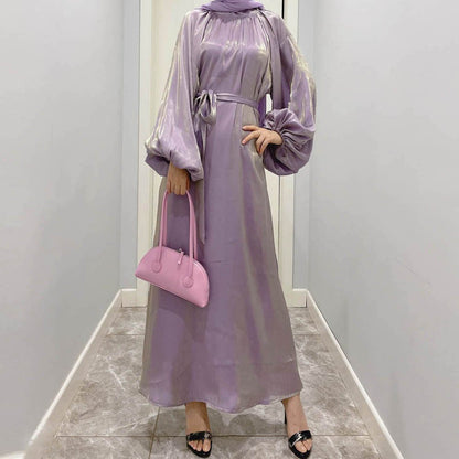 Luxurious Shimmer Abaya with Lantern Sleeves | Stand Collar Back Tie Maxi Dress(MA324)