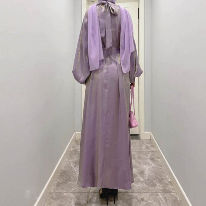 Luxurious Shimmer Abaya with Lantern Sleeves | Stand Collar Back Tie Maxi Dress(MA324)