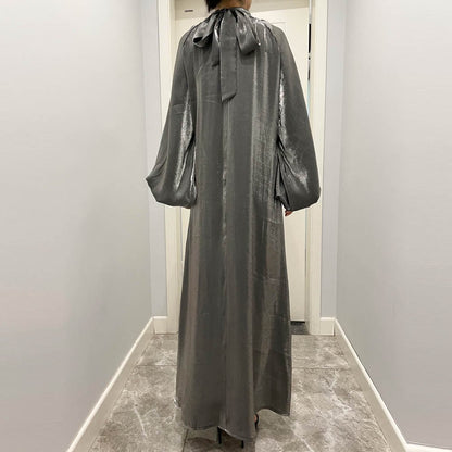 Luxurious Shimmer Abaya with Lantern Sleeves | Stand Collar Back Tie Maxi Dress(MA324)