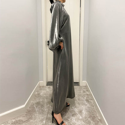 Luxurious Shimmer Abaya with Lantern Sleeves | Stand Collar Back Tie Maxi Dress(MA324)