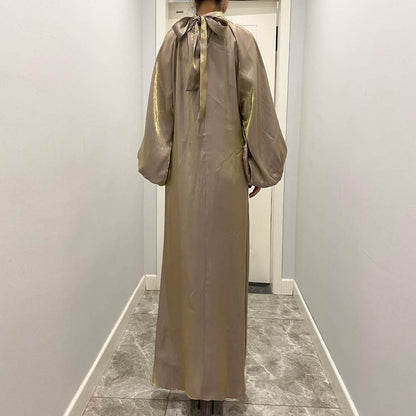 Luxurious Shimmer Abaya with Lantern Sleeves | Stand Collar Back Tie Maxi Dress(MA324)