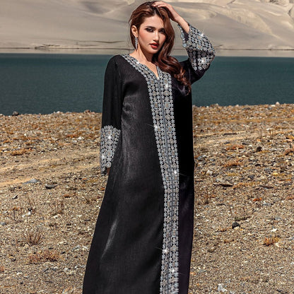 Luxury Crystal & Pearl Embellished Abaya | V-Neck Nida Crepe Maxi Dress(MA343)