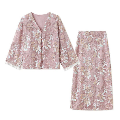Luxury Embroidered Floral Jacket & Skirt Set(MS307)