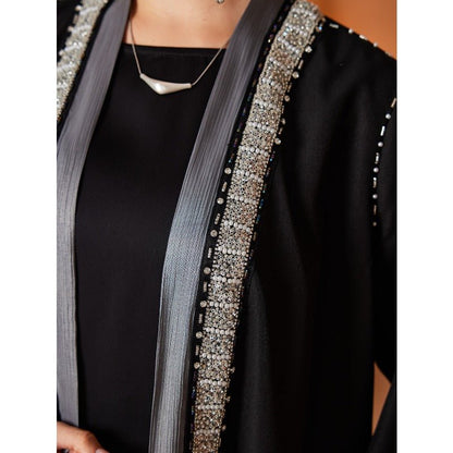 Luxury Embroidered Rhinestone Abaya | Open Front with Contrast Trim & Split Cuffs(MOA235)