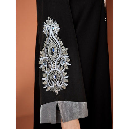 Luxury Embroidered Rhinestone Abaya | Open Front with Contrast Trim & Split Cuffs(MOA235)