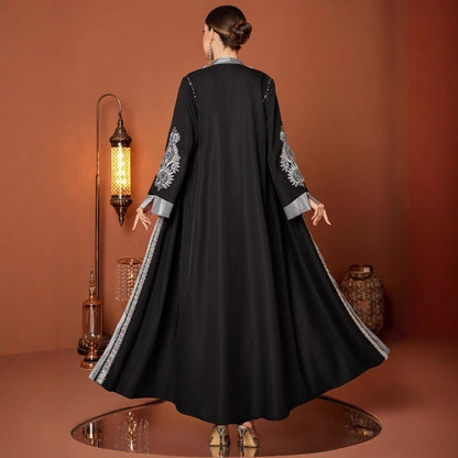 Luxury Embroidered Rhinestone Abaya | Open Front with Contrast Trim & Split Cuffs(MOA235)