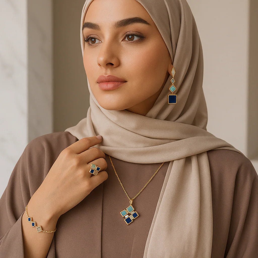 Celeste Geometric Gemstone Jewelry Set | Islamic Blue Stone Jewelry Set (MAC253)
