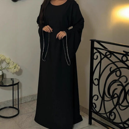 Luxury Loose Cuff Chain Abaya Dress - Modest Long Sleeve Elegant Robe with Silver Detailing(MA278)