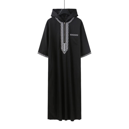 Luxury Loose Fit Hooded Premium Embroidered Men's Thobe Robe with Zipper & Islamic Calligraphy Design (MT024)