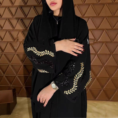 Luxury Muslim Golden Olive Abaya | Black Embroidered & Beaded Robe (MOA180)