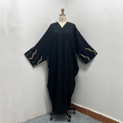 Luxury Muslim Golden Olive Abaya | Black Embroidered & Beaded Robe (MOA180)