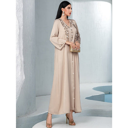Luxury Muslim Kaftan Set Evening Wear | Beige Hand-Sewn Diamond Two-Piece Dress with Bell Sleeves(MOA202)