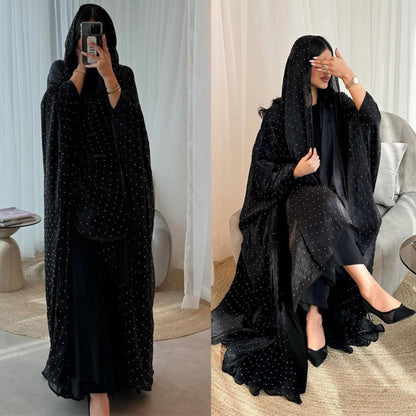 Luxury Muslim Starlight Evening Wear Abaya Set | Midnight Blue Diamond-Embellished Robe Jacket with Matching Hijab(MOA201)