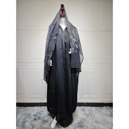 Luxury Muslim Starlight Evening Wear Abaya Set | Midnight Blue Diamond-Embellished Robe Jacket with Matching Hijab(MOA201)