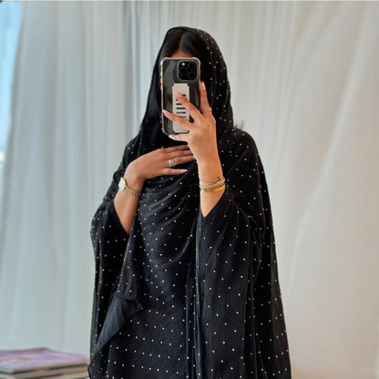 Luxury Muslim Starlight Evening Wear Abaya Set | Midnight Blue Diamond-Embellished Robe Jacket with Matching Hijab(MOA201)