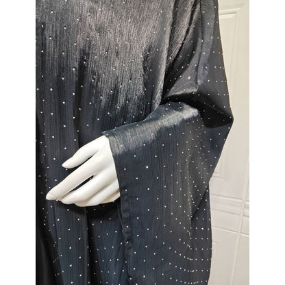 Luxury Muslim Starlight Evening Wear Abaya Set | Midnight Blue Diamond-Embellished Robe Jacket with Matching Hijab(MOA201)