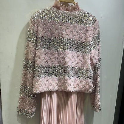 Luxury Pearl Beaded Diamond Grid Jacket & Pleated Dress Set(MS403)