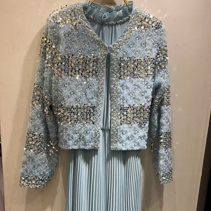 Luxury Pearl Beaded Diamond Grid Jacket & Pleated Dress Set(MS403)