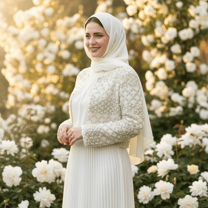 Luxury Pearl Beaded Diamond Grid Jacket & Pleated Dress Set(MS403)