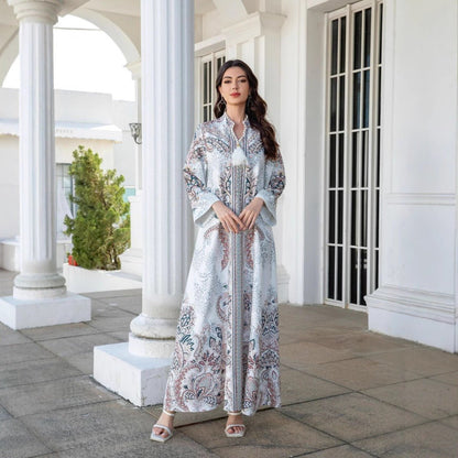 Luxury Pearl-Embellished Floral Beaded Muslim Robe Abaya with Bell Sleeves & Tassel Details (MA229)