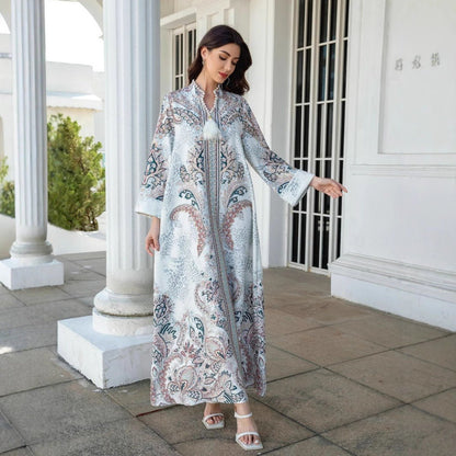 Luxury Pearl-Embellished Floral Beaded Muslim Robe Abaya with Bell Sleeves & Tassel Details (MA229)