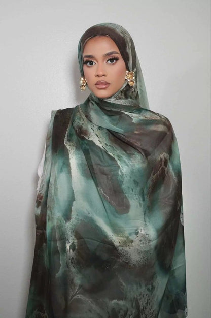 Luxury Premium Silk-Like Printed Hijab Scarf | 180x85cm Large Rectangle Hijab(MH146)