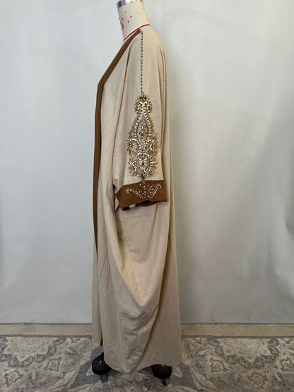 Luxury Rust Bead Muslim Wedding & Party Khaki Gold Embroidered Contrast Jacket Abaya(MOA158)