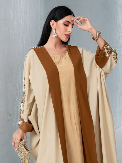 Luxury Rust Bead Muslim Wedding & Party Khaki Gold Embroidered Contrast Jacket Abaya(MOA158)
