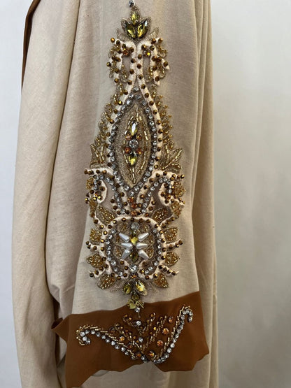 Luxury Rust Bead Muslim Wedding & Party Khaki Gold Embroidered Contrast Jacket Abaya(MOA158)