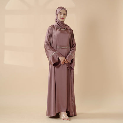 Luxury Satin Abaya With Diamond Tassels Belt,  6-Piece Set (MOA041)