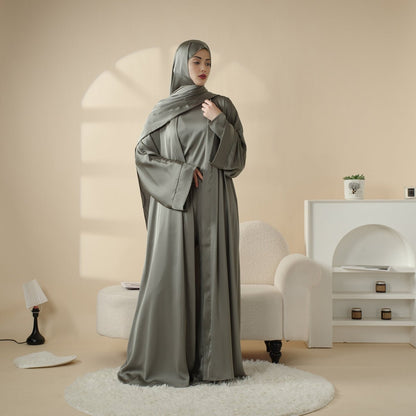 Luxury Satin Modest Abaya Set 4-Piece – Elegant Open Abaya, Top, Pants & Matching Hijab(MOA034)